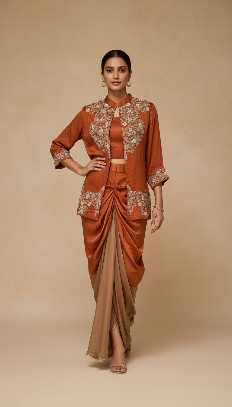 Burnt Orange Embellished Crepe Silk Drape Skirt Set