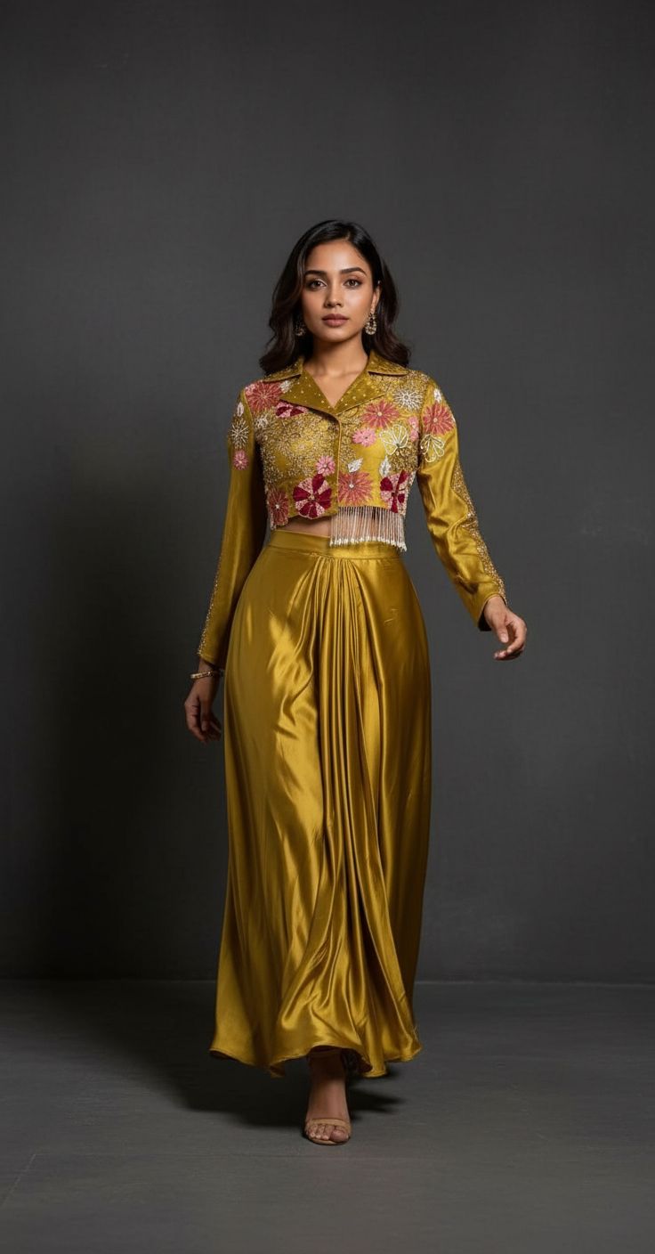 Mustard Yellow Embellished Premium Silk Platted Skirt Set