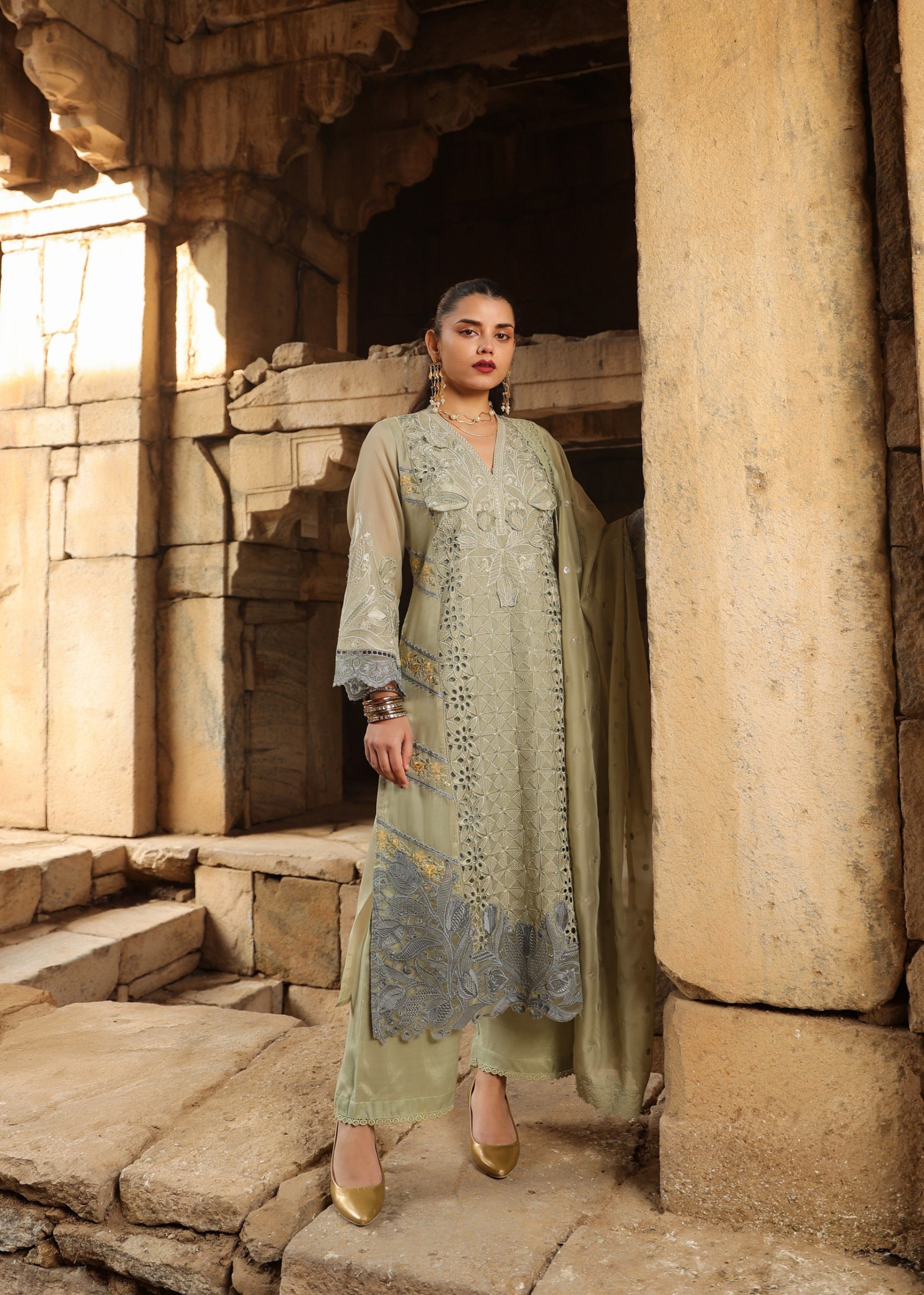 Sage Green Embellished Soft Organza Silk Pant Set