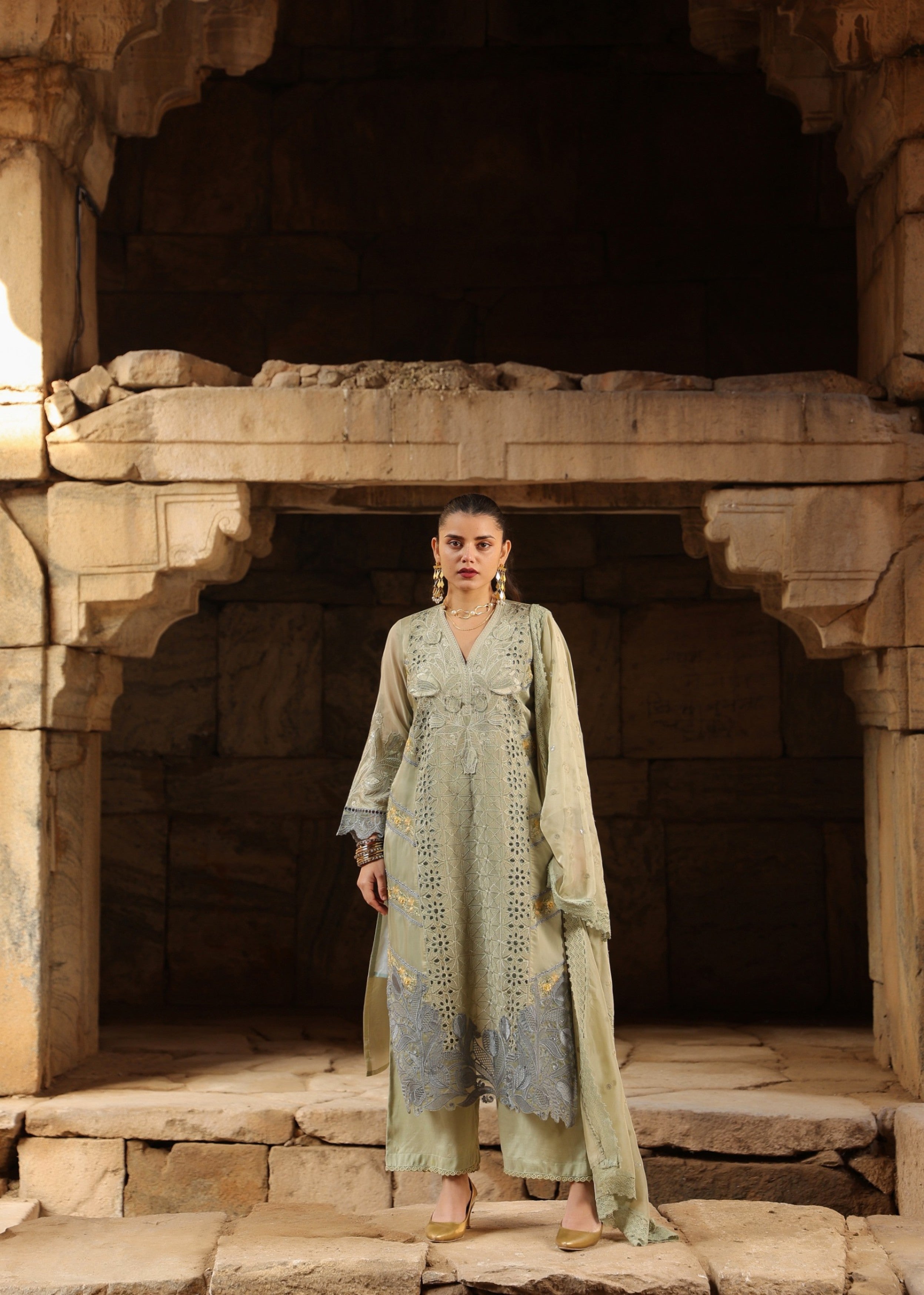 Sage Green Embellished Soft Organza Silk Pant Set