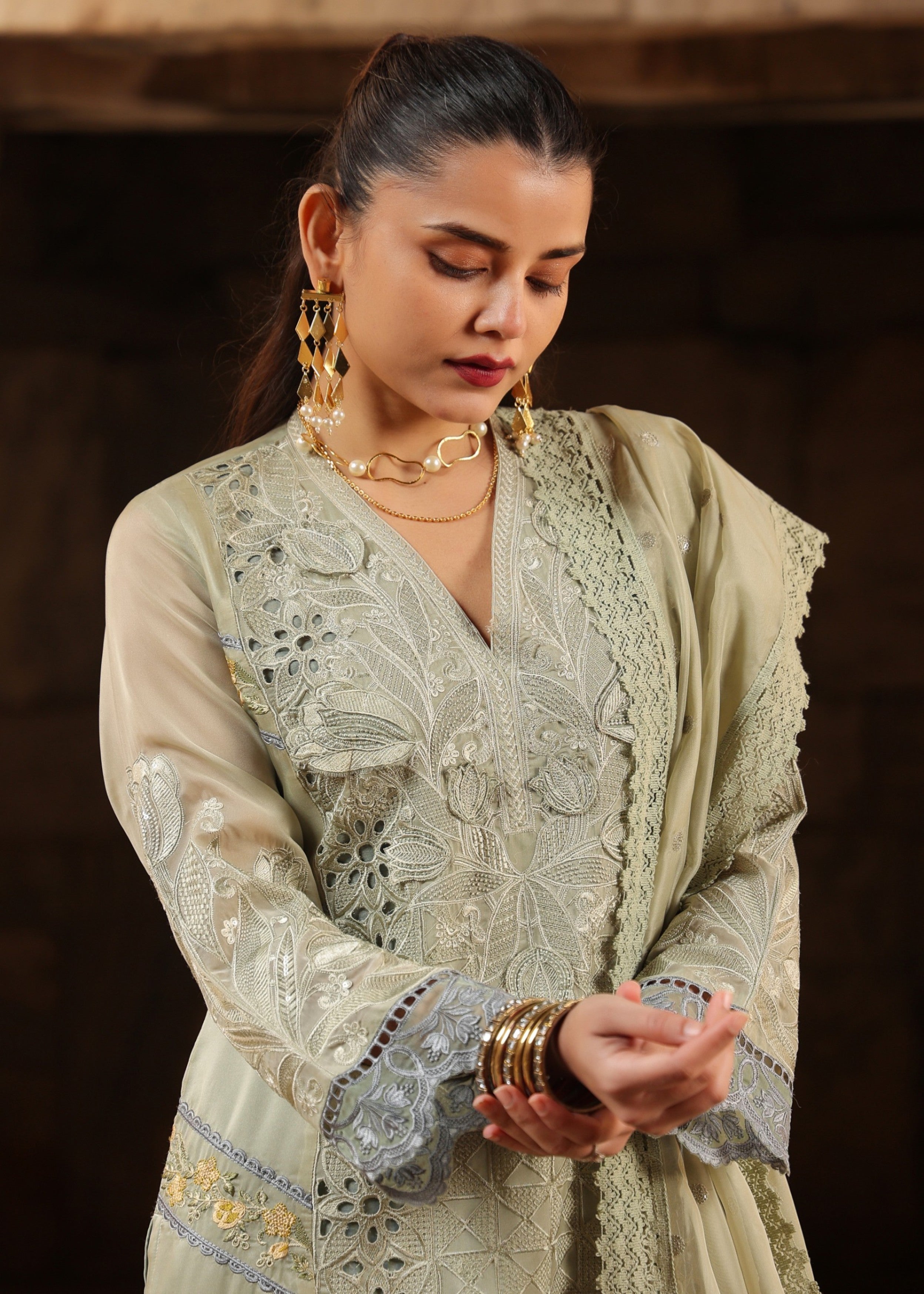 Sage Green Embellished Soft Organza Silk Pant Set
