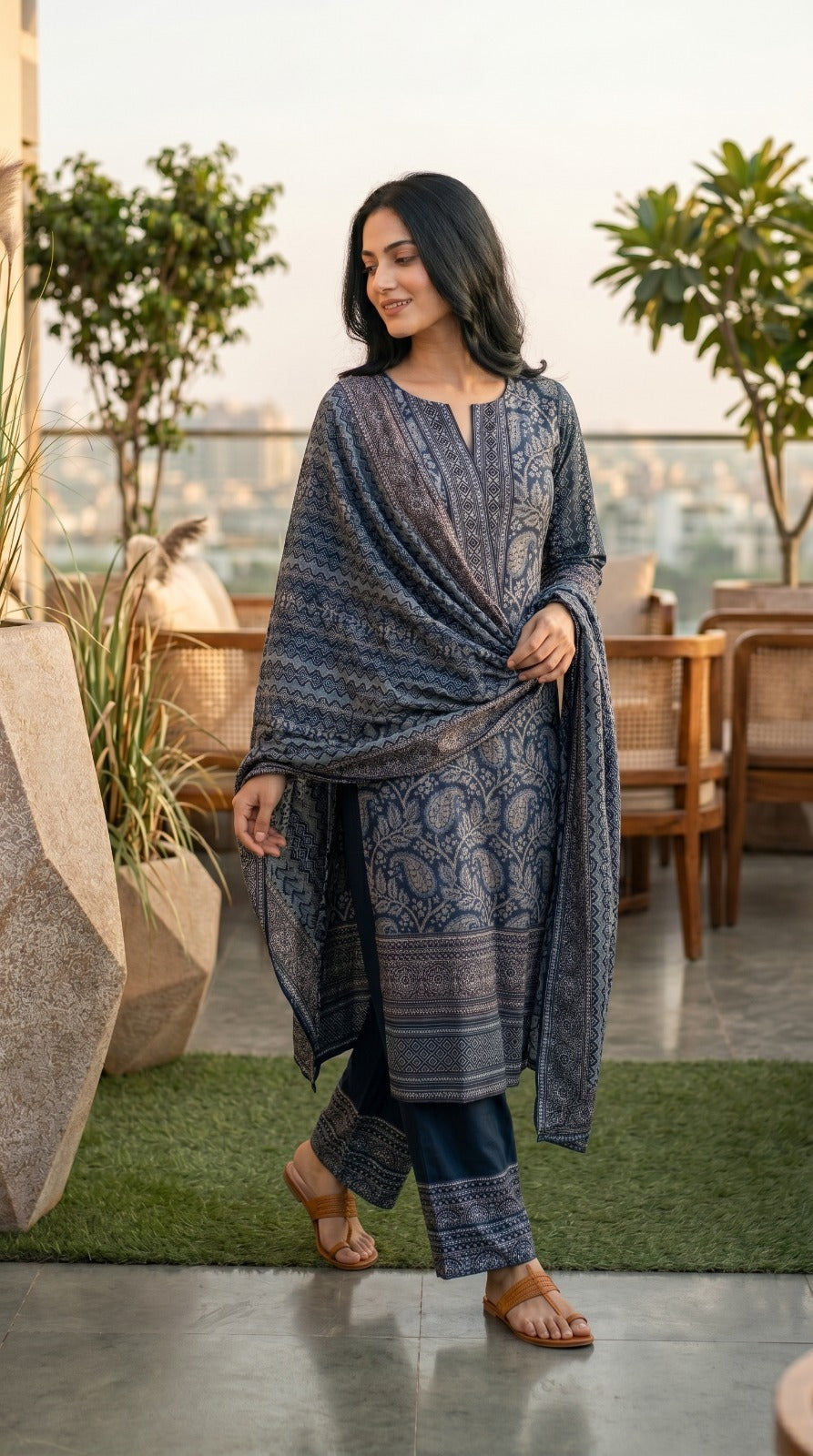 Indigo Blue Printed Crepe Silk Pant Set