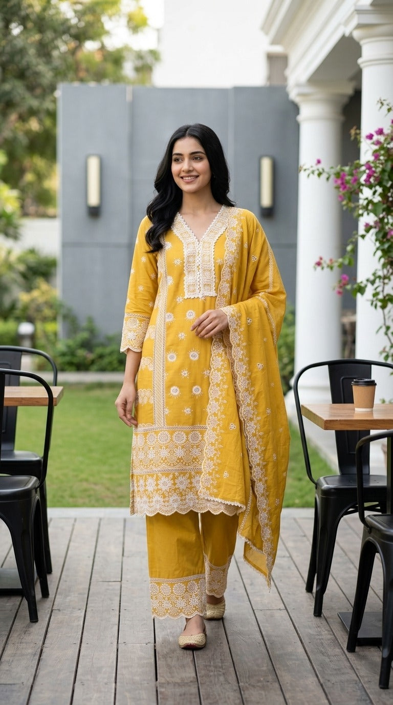 Mustard Meadow Embroidered Cotton Pant Set