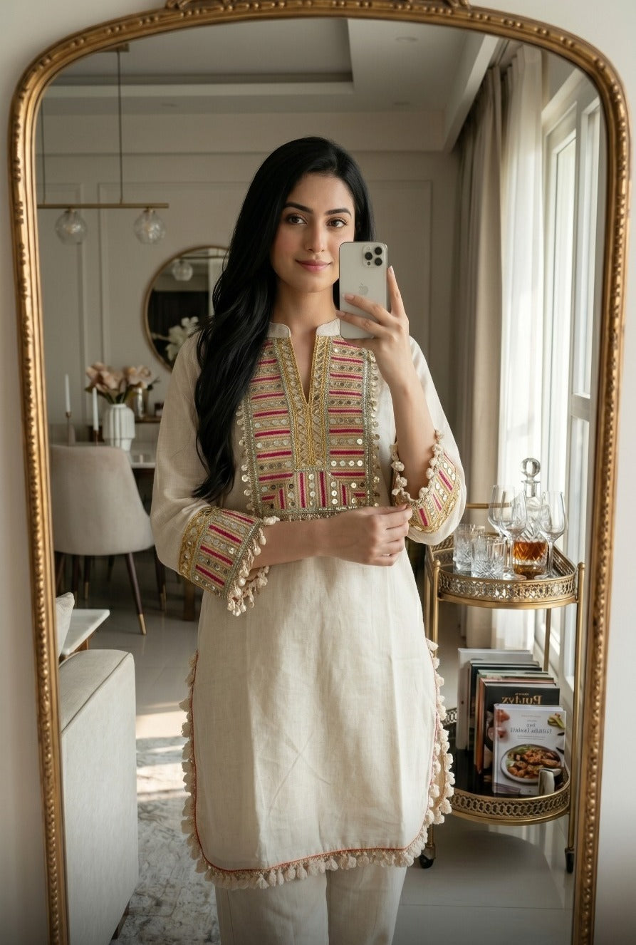 White Pearl Embellished Linen Co-Ord Set