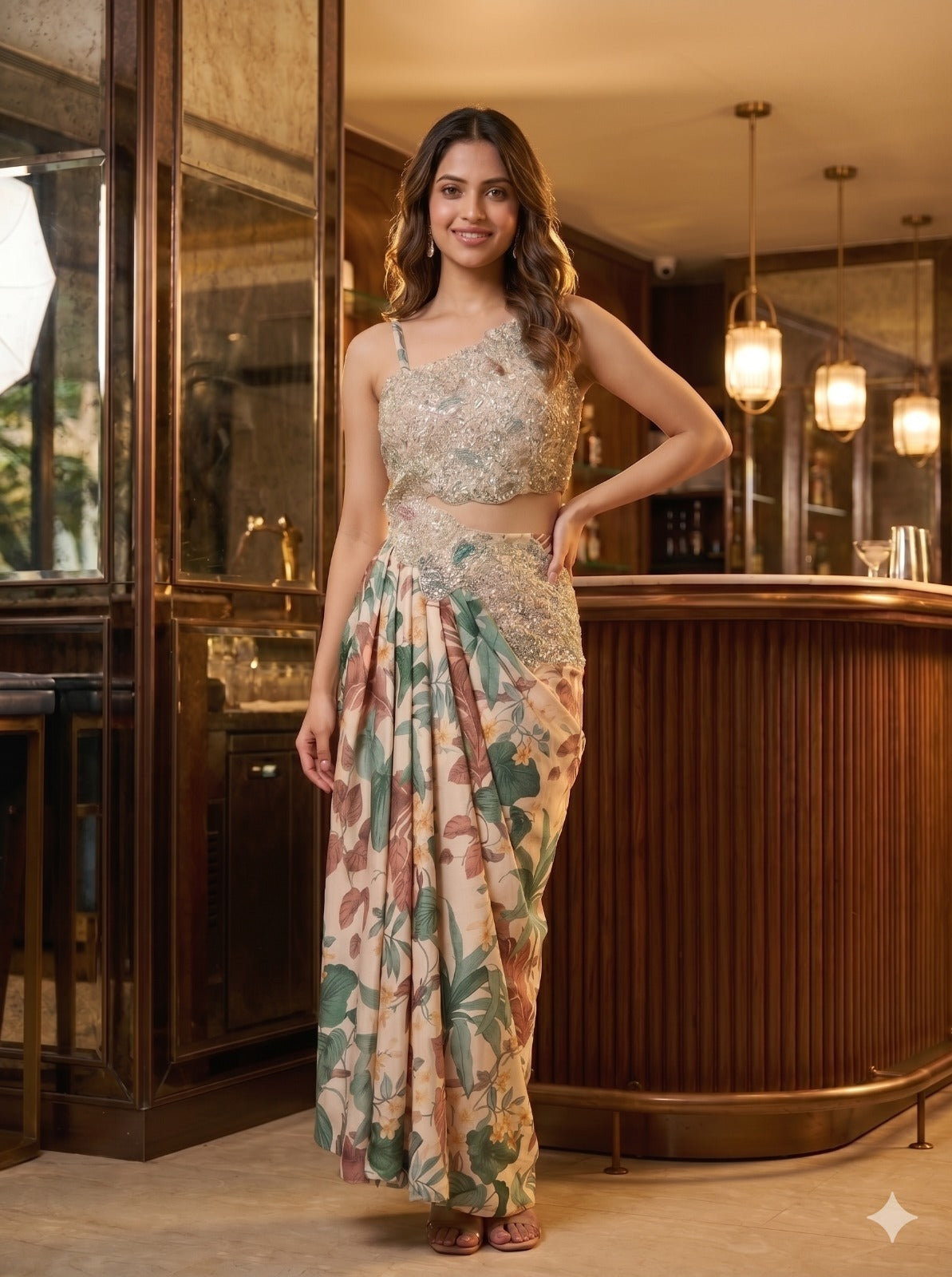 Beige Oasis Embellished Satin Silk Cowl Dress