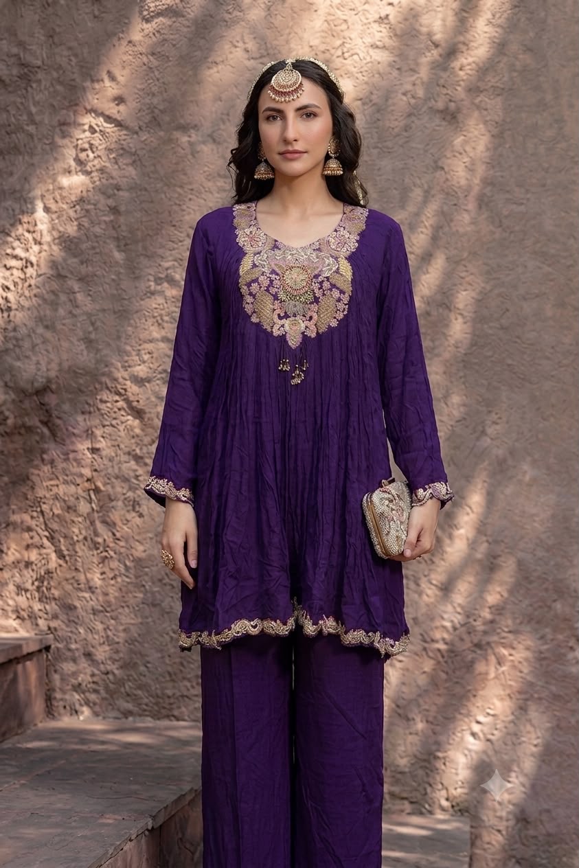 Royal Purple Embellished Georgette Silk Palazzo Set