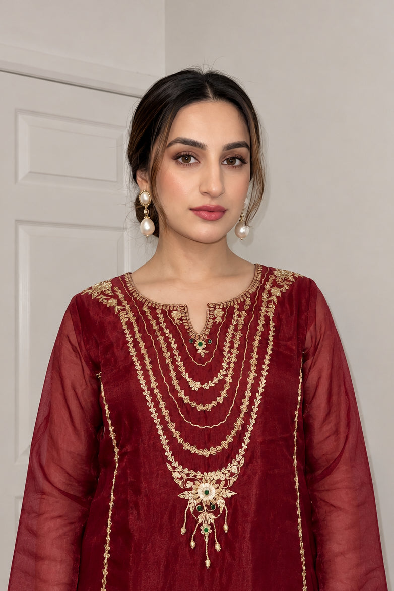 Rich Maroon Embellished Soft Organza Silk Co-ord Set