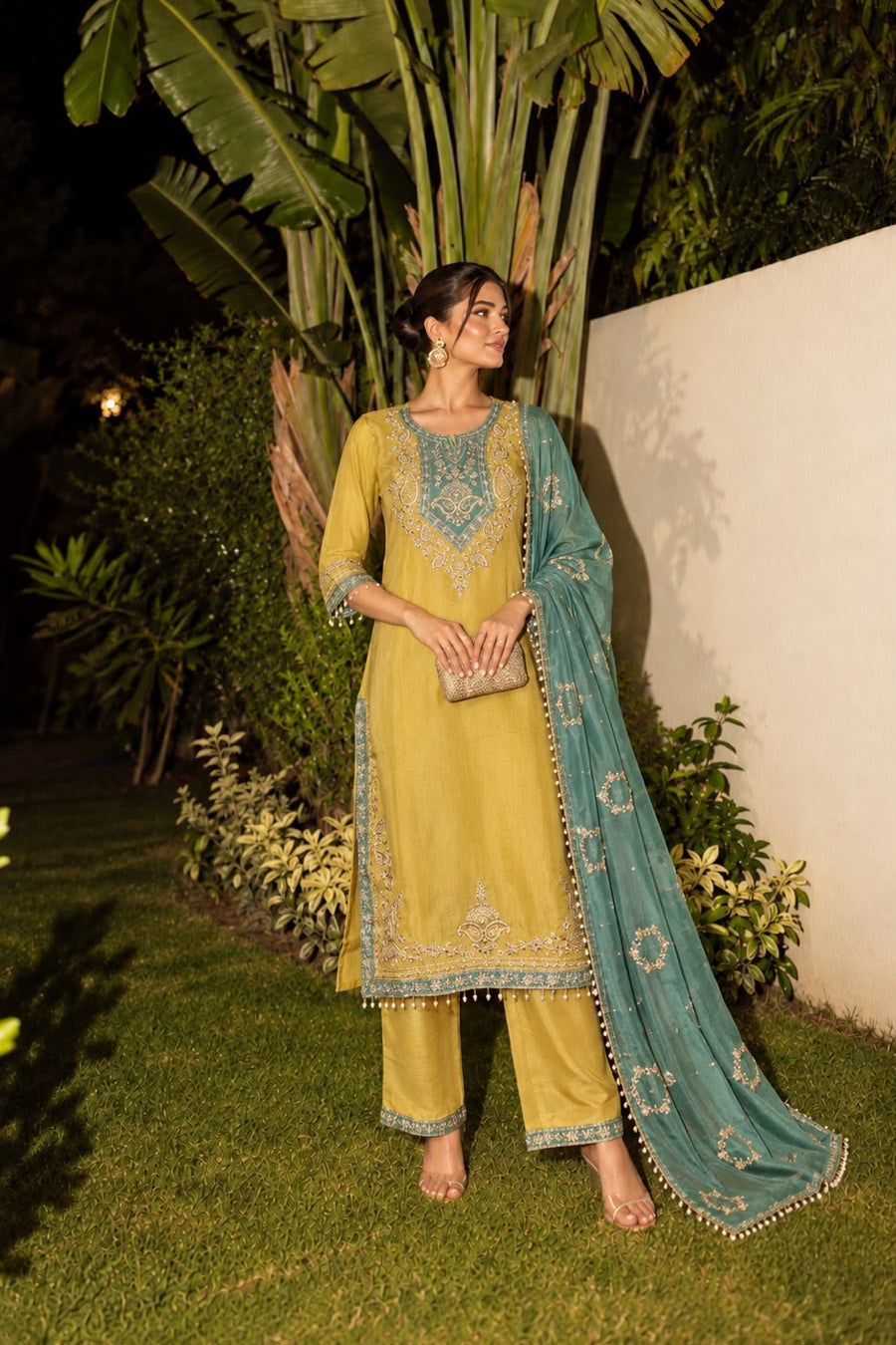 Mustard Yellow Embellished Tissue Silk Pant Set