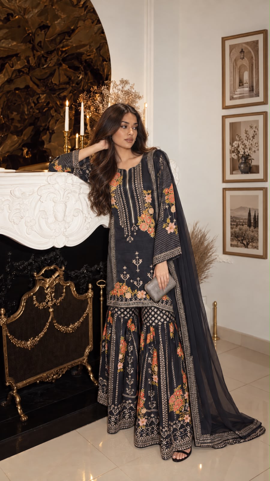 Midnight Black Embellished Crepe Silk Sharara Set