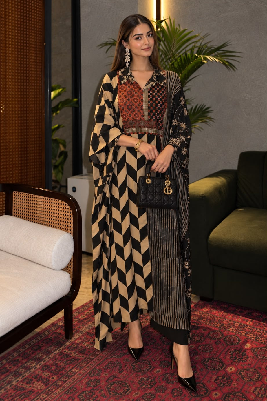 Black Printed Cotton Kaftan Set