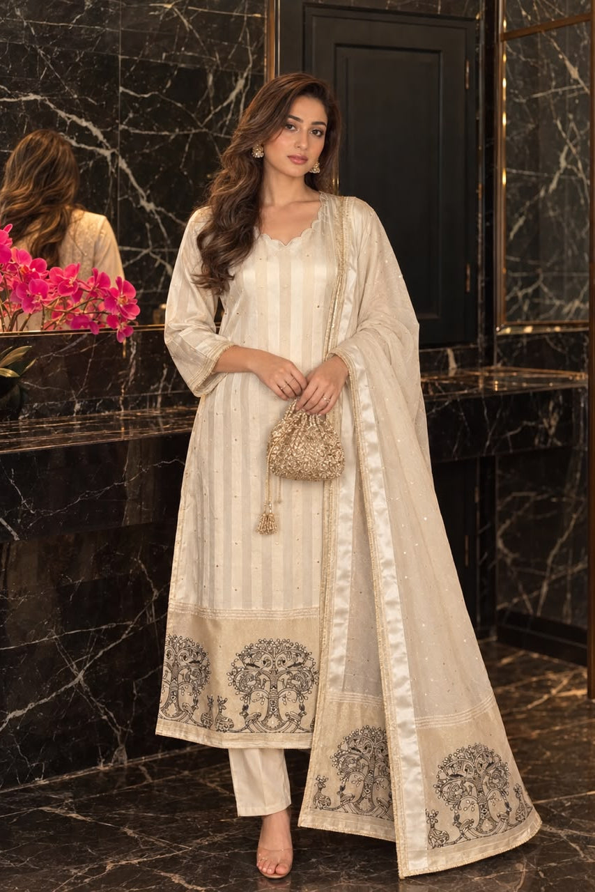 Ivory Cream Embellished Kanjivaram Silk Pant Set