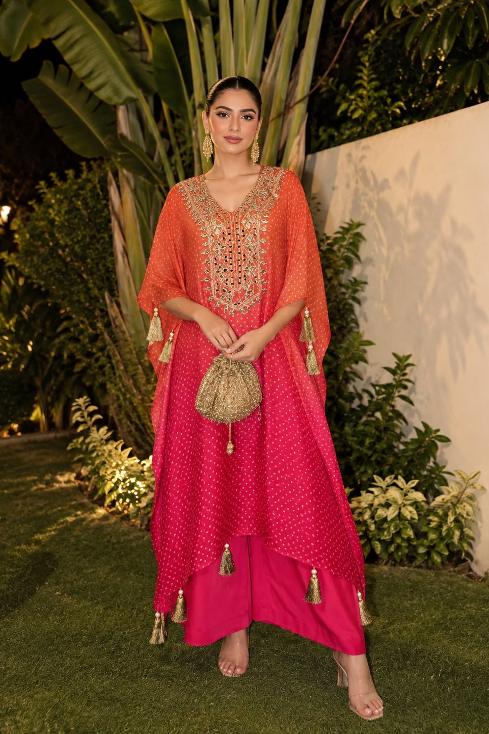 Pink & Orange Ombre Embellished Satin Silk Kantan Set