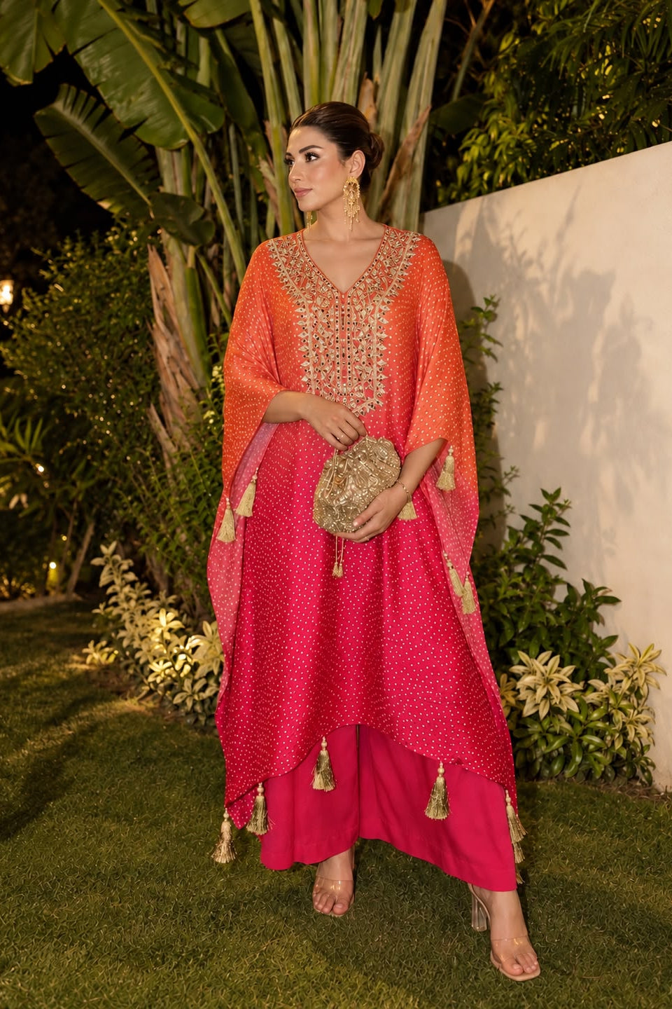 Pink & Orange Ombre Embellished Satin Silk Kantan Set