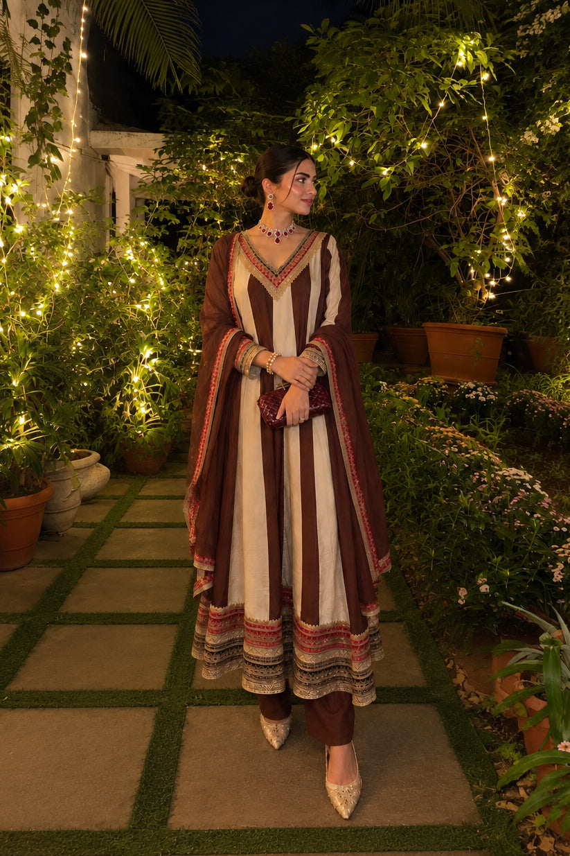 Chocolate Ivory Embellished Pure Crepe Silk Anarkali Set