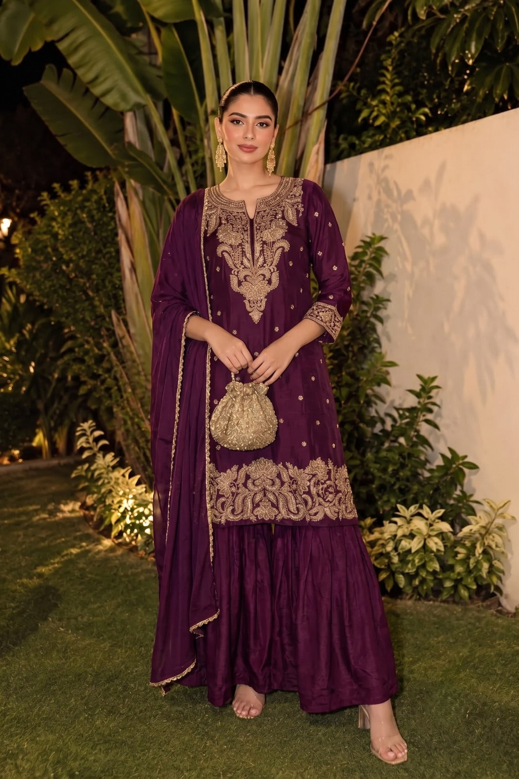Deep Plum Embellished Chinon Silk Palazzo Set