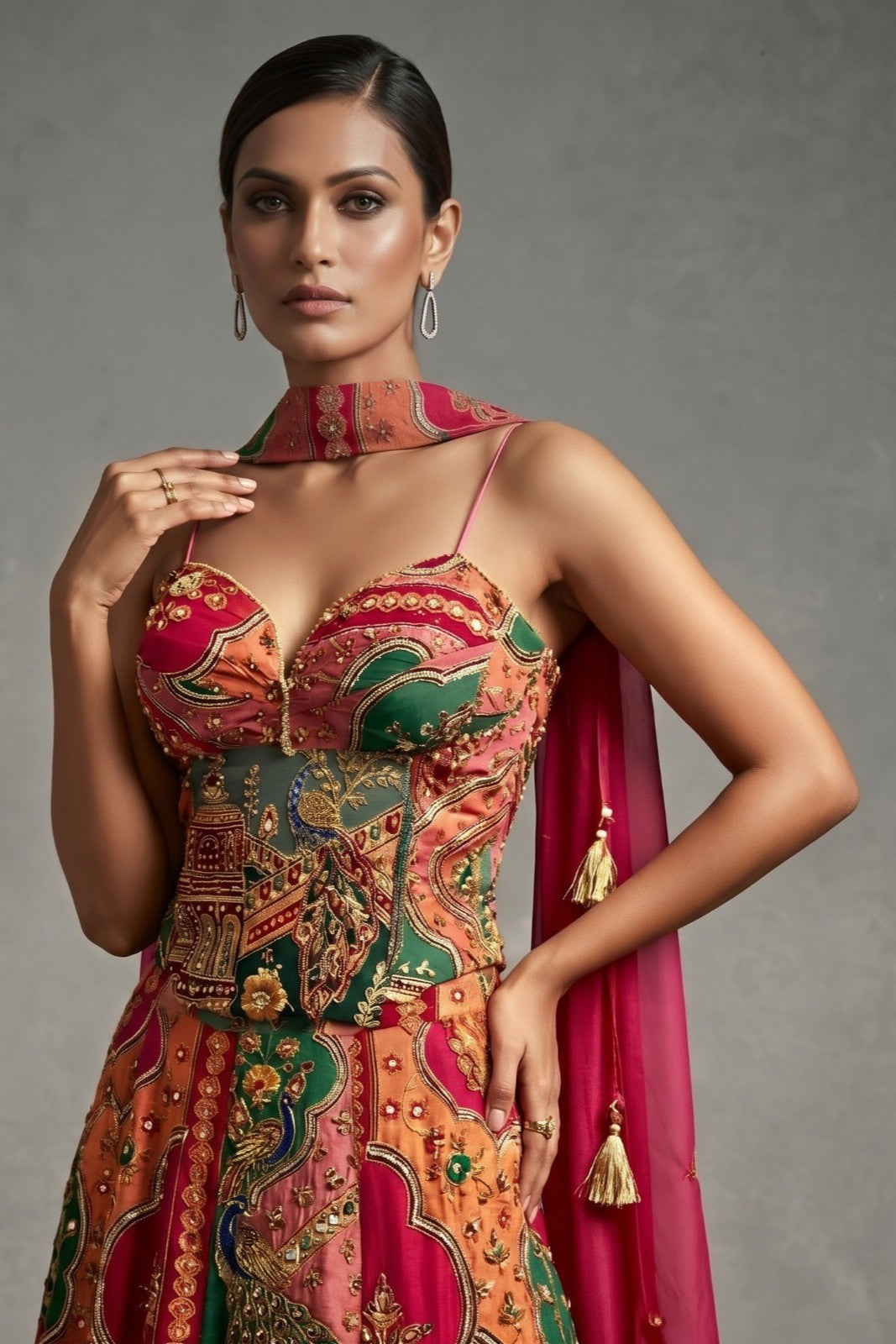 Multicolor Embellished Crepe Silk Corset Palazzo Set