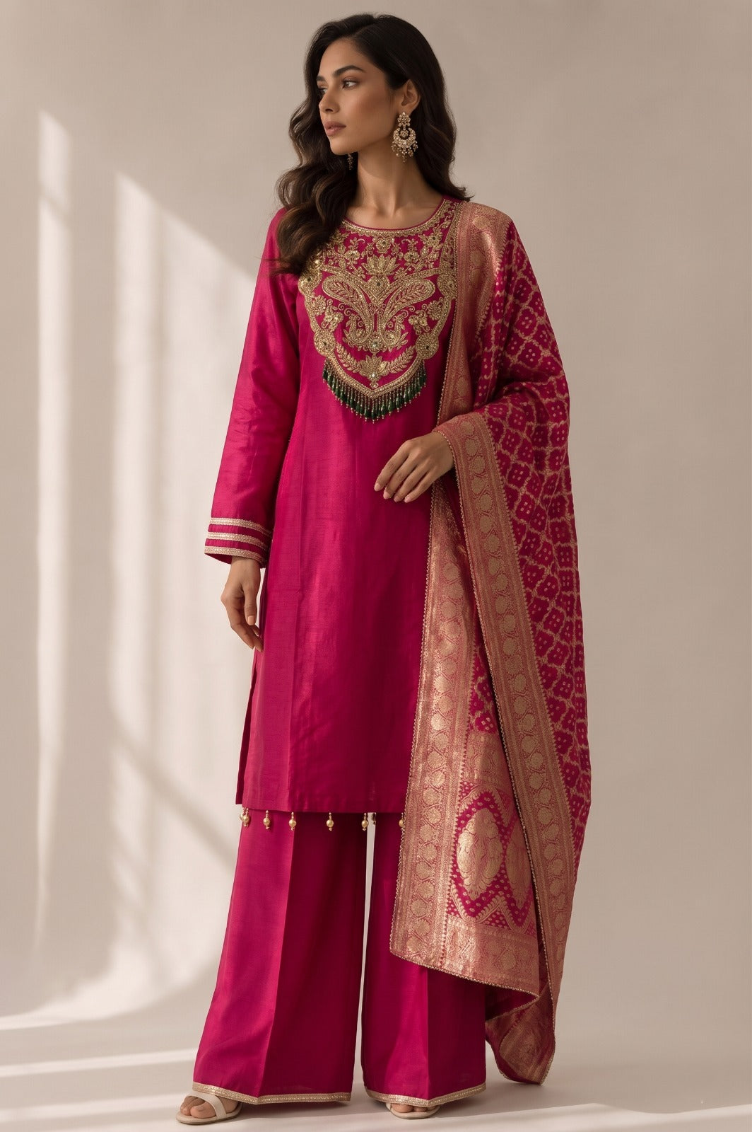 Rani Pink Embellished Raw Silk Palazzo Set
