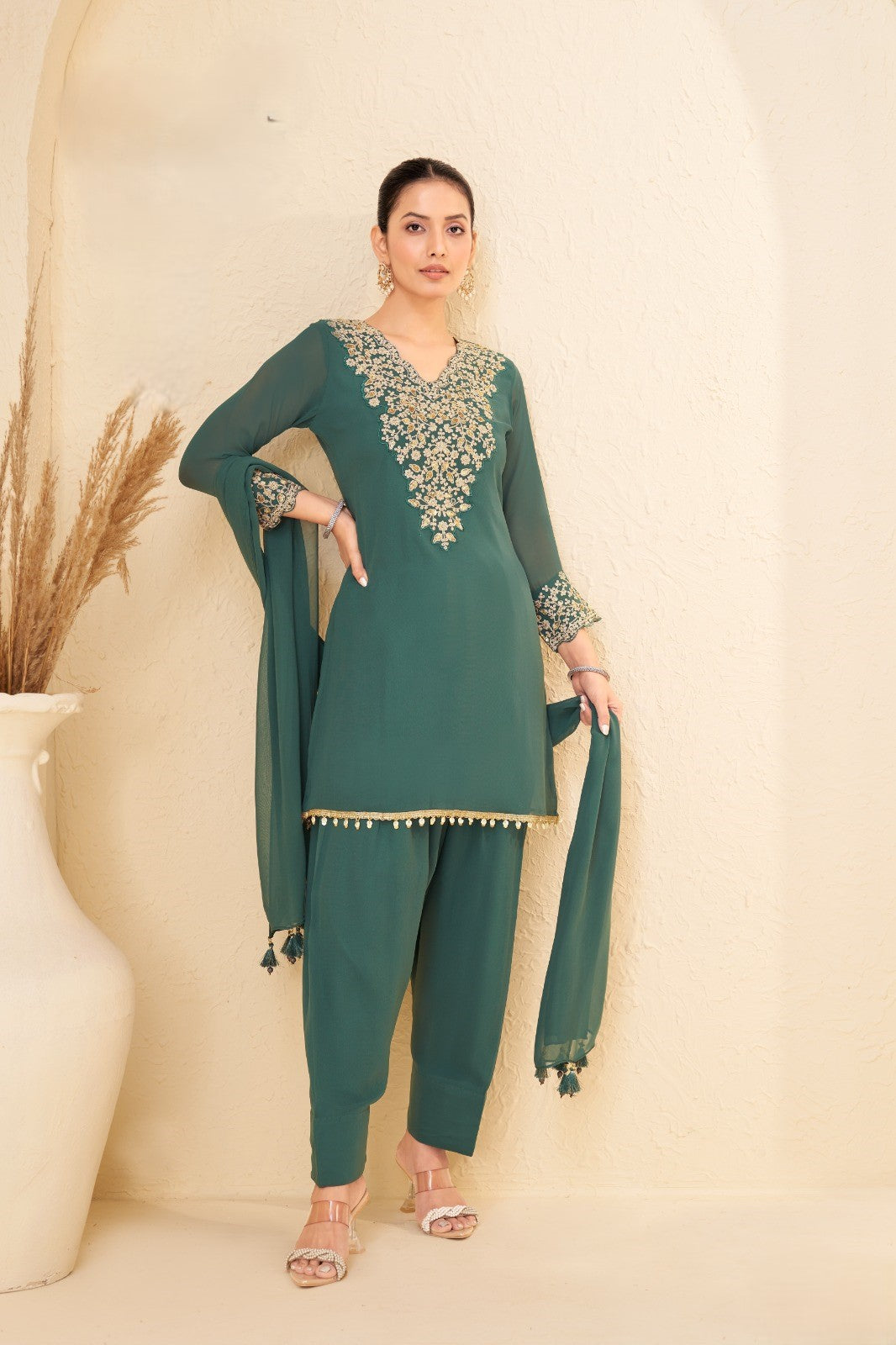 Rama Green Embellished Georgette Silk Salwar Set