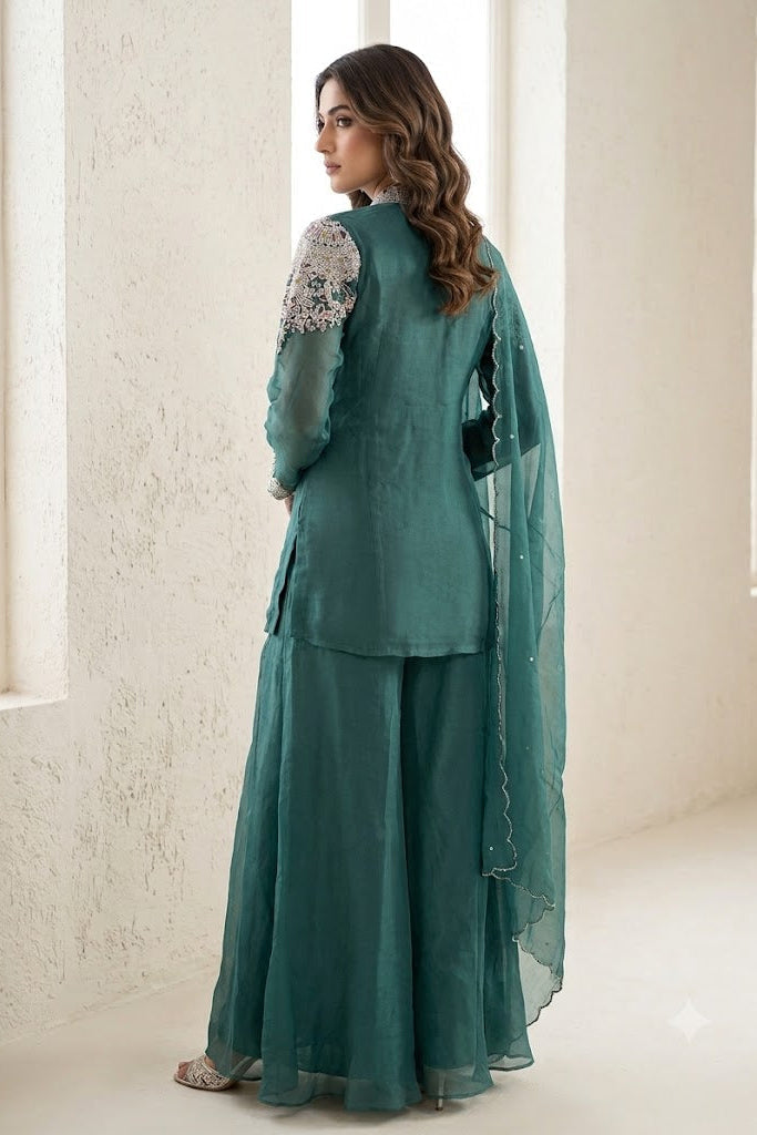 Light Teal Embellished Organza Silk Palazzo Set