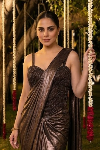 Metallic Bronze Embellished Spandex Lycra Silk Draped Saree