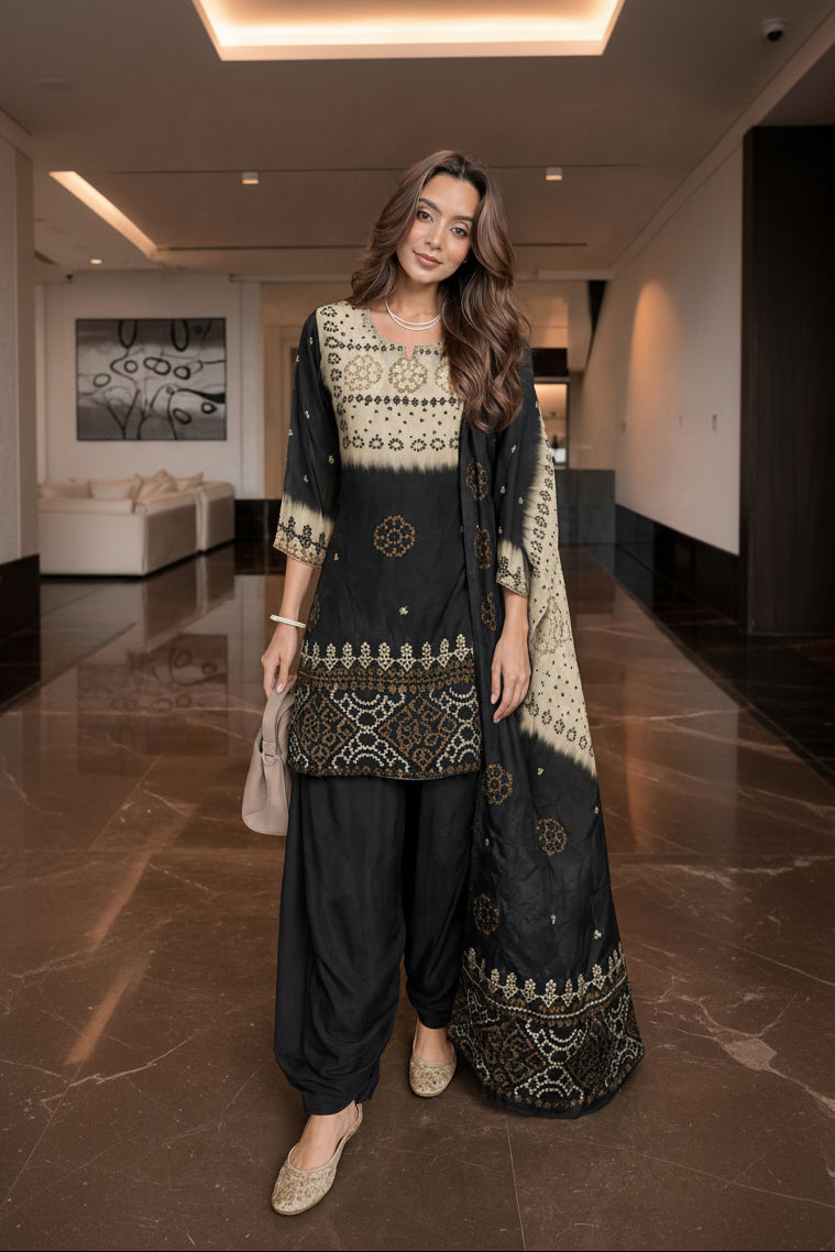 Black Pearl Printed Crepe Silk Farshi Salwar Set