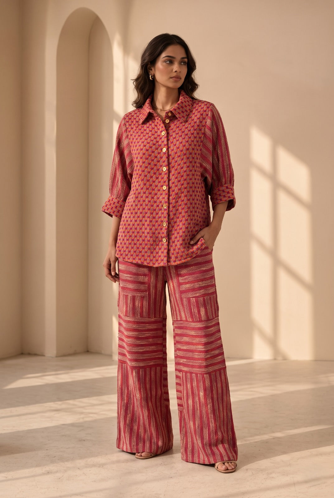 Magenta Pink Woven Tweed Co-Ord Set