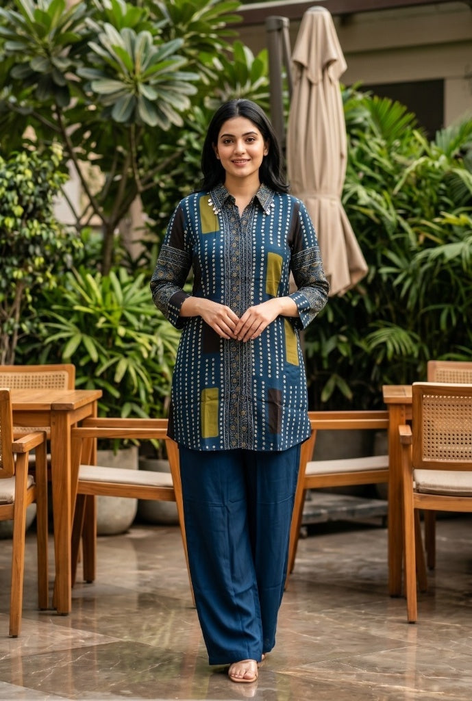 Keya Teal Printed Muslin Silk Kurta Set