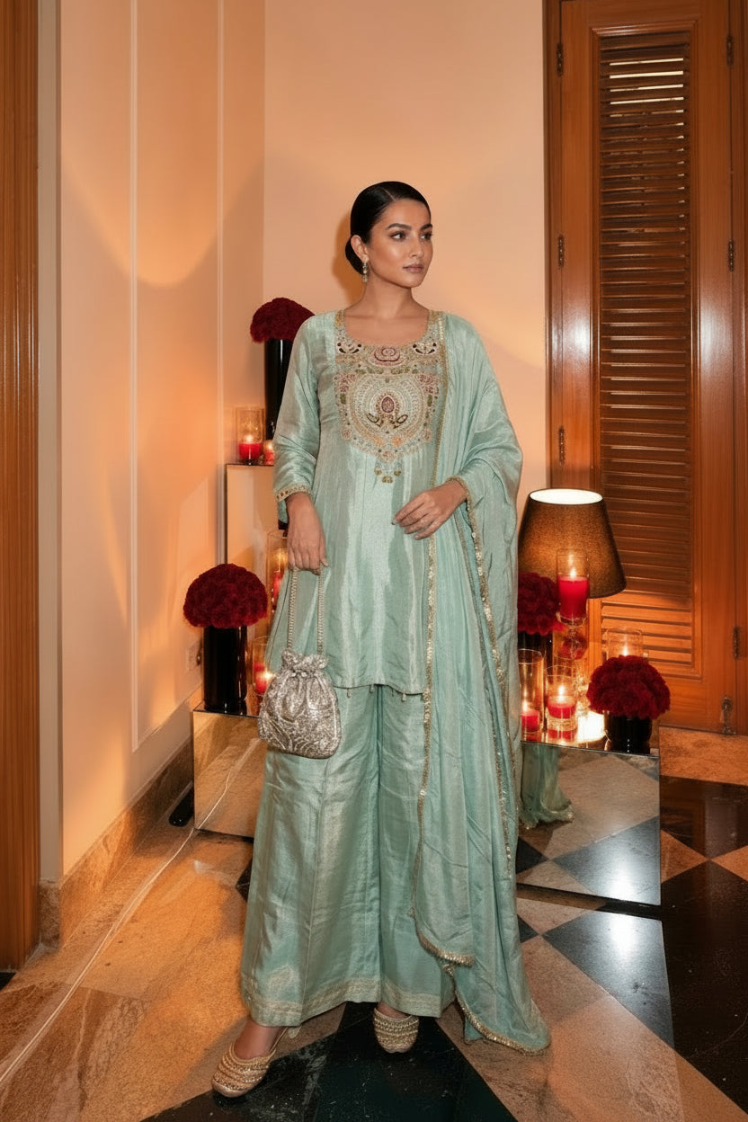 Glacier Blue Embellished Shimmer Tissue Silk Palazzo Set