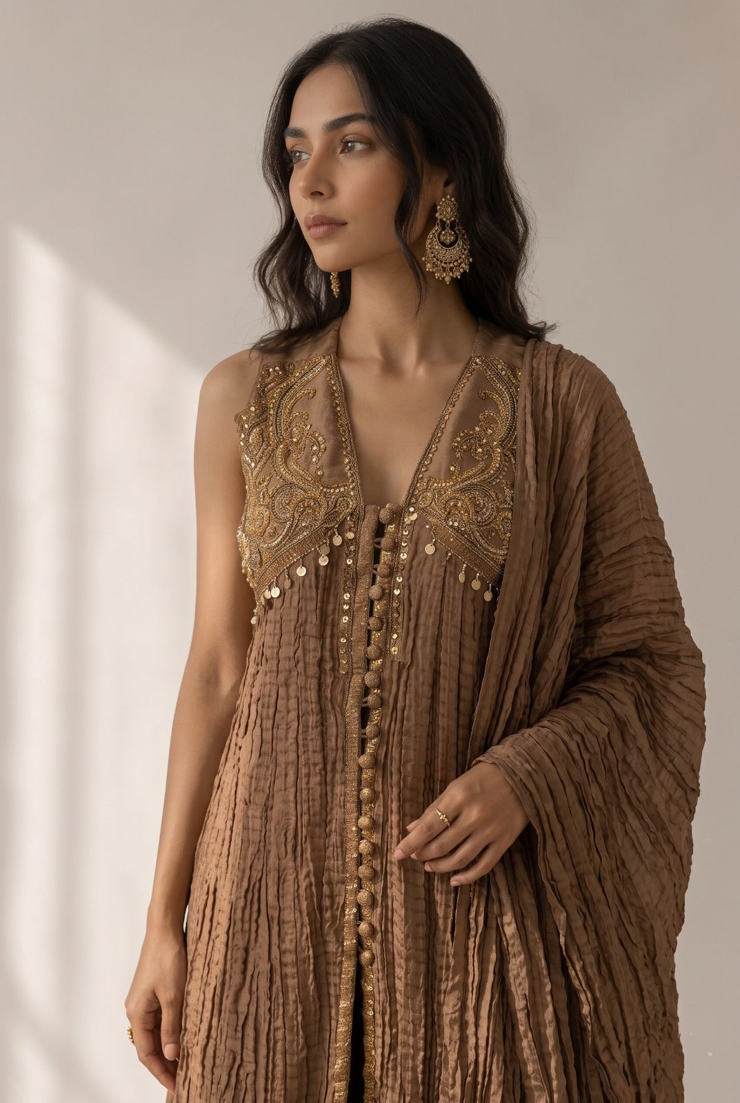 Chestnut Brown Embellished Crushed Silk Palazzo Set