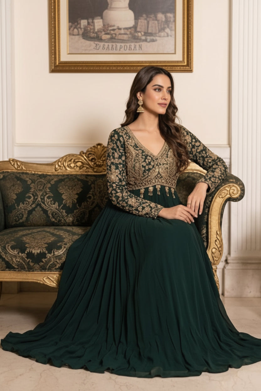 Bottle Green Embellished Georgette Silk Anarkali Set