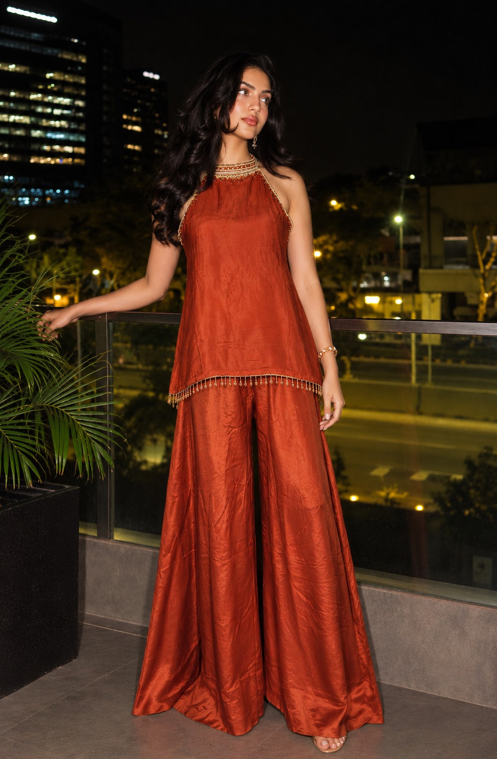 Bright Orange Embellished Pure Crepe Silk Co-Ord Set