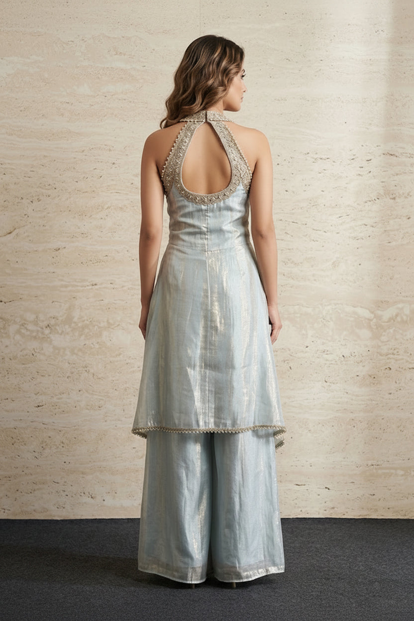 Sky Blue Embellished Shimmer Silk Co-Ord Set