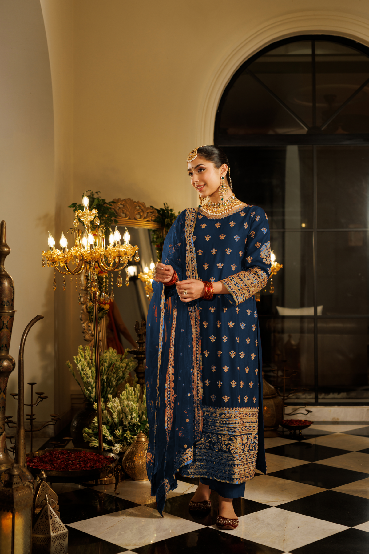 Deep Midnight Blue Embellished Shimmer Silk Pant Set
