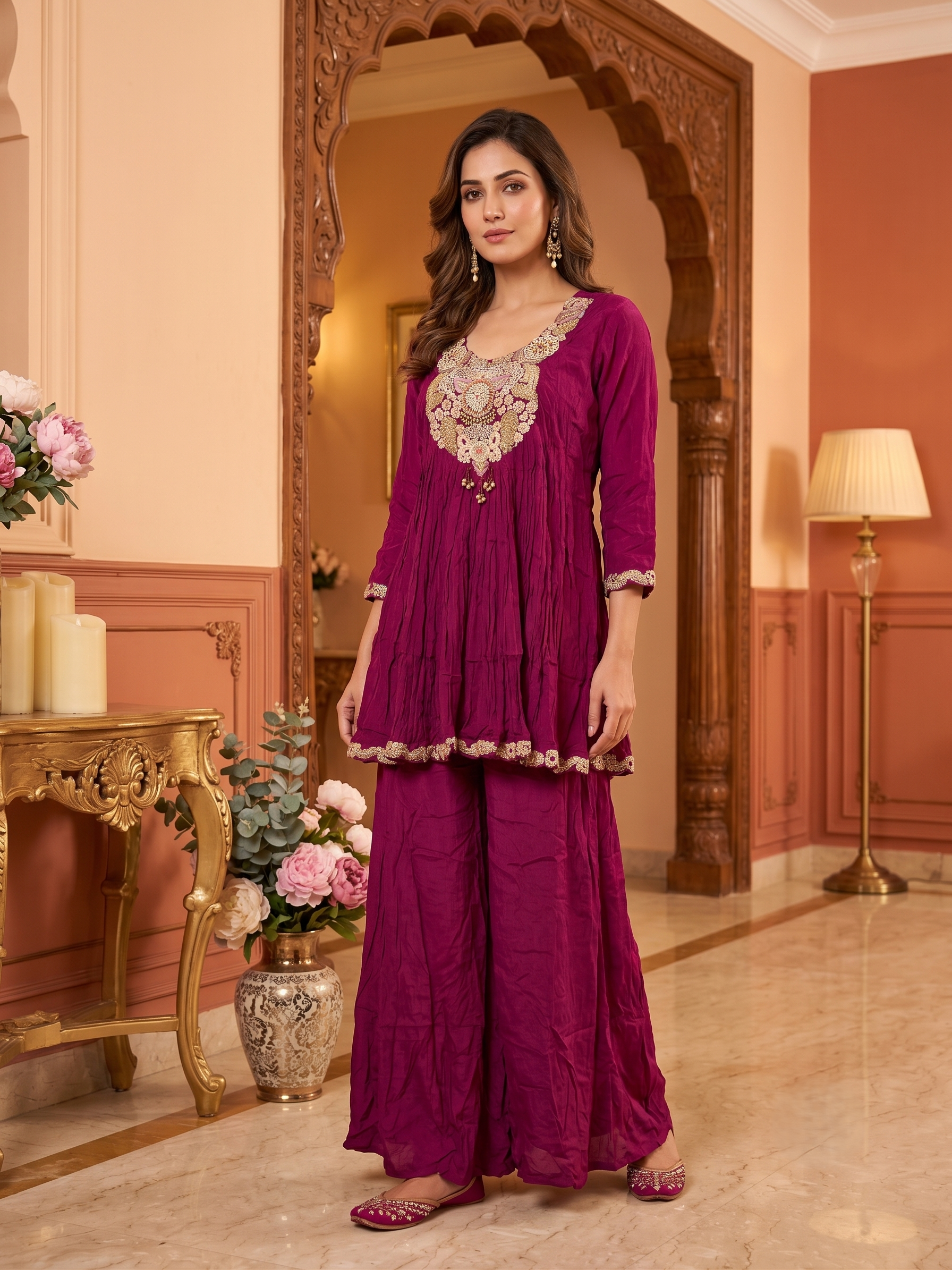 Royal Wine Embellished Georgette Silk Palazzo Set