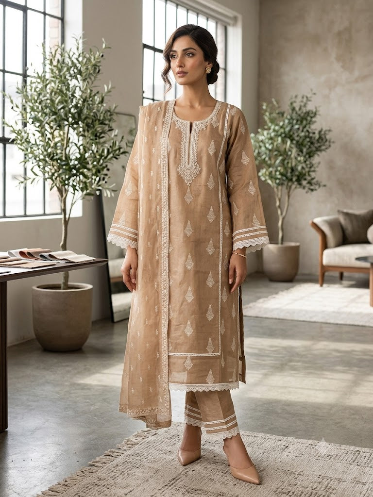 Beige Embroidered Mul Chanderi Silk Pant Set