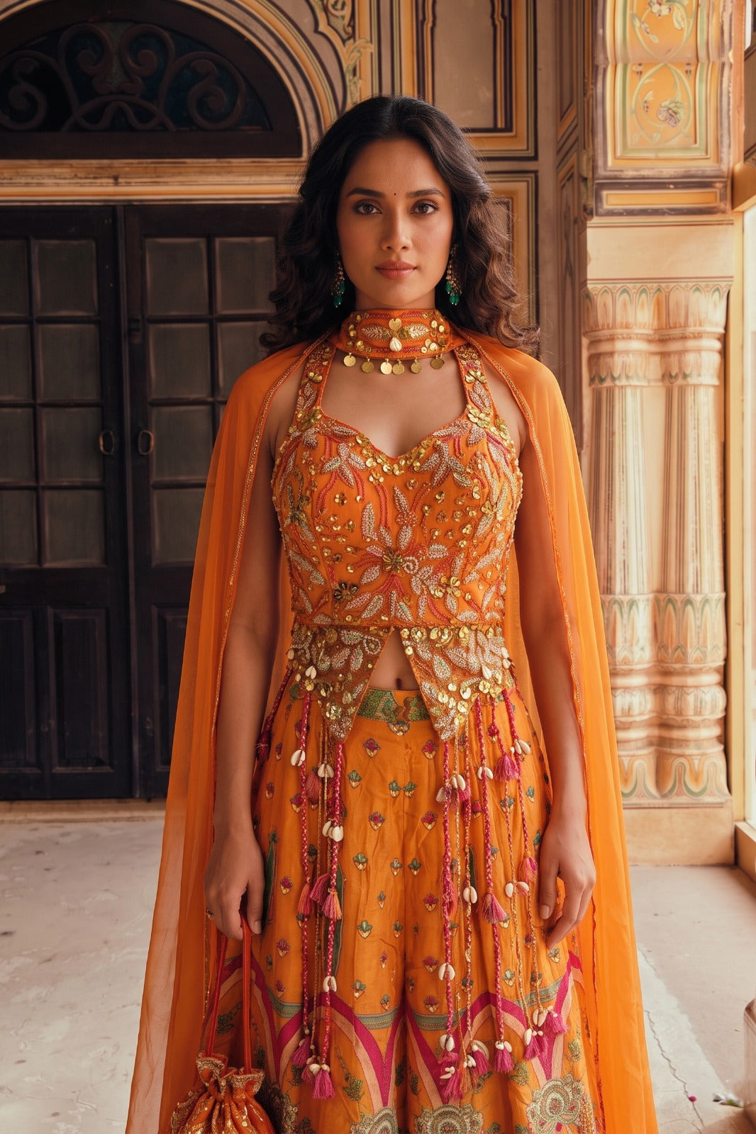 Tangerine Embellished Crepe Silk Palazzo Set