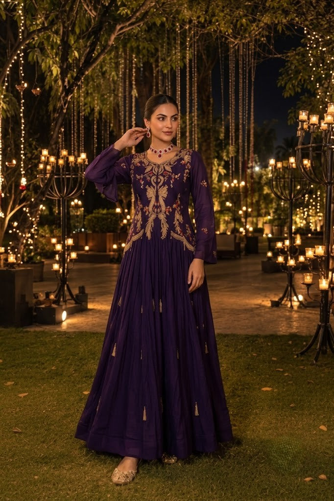 Dark Purple Embellished Crepe Silk Skirt Set