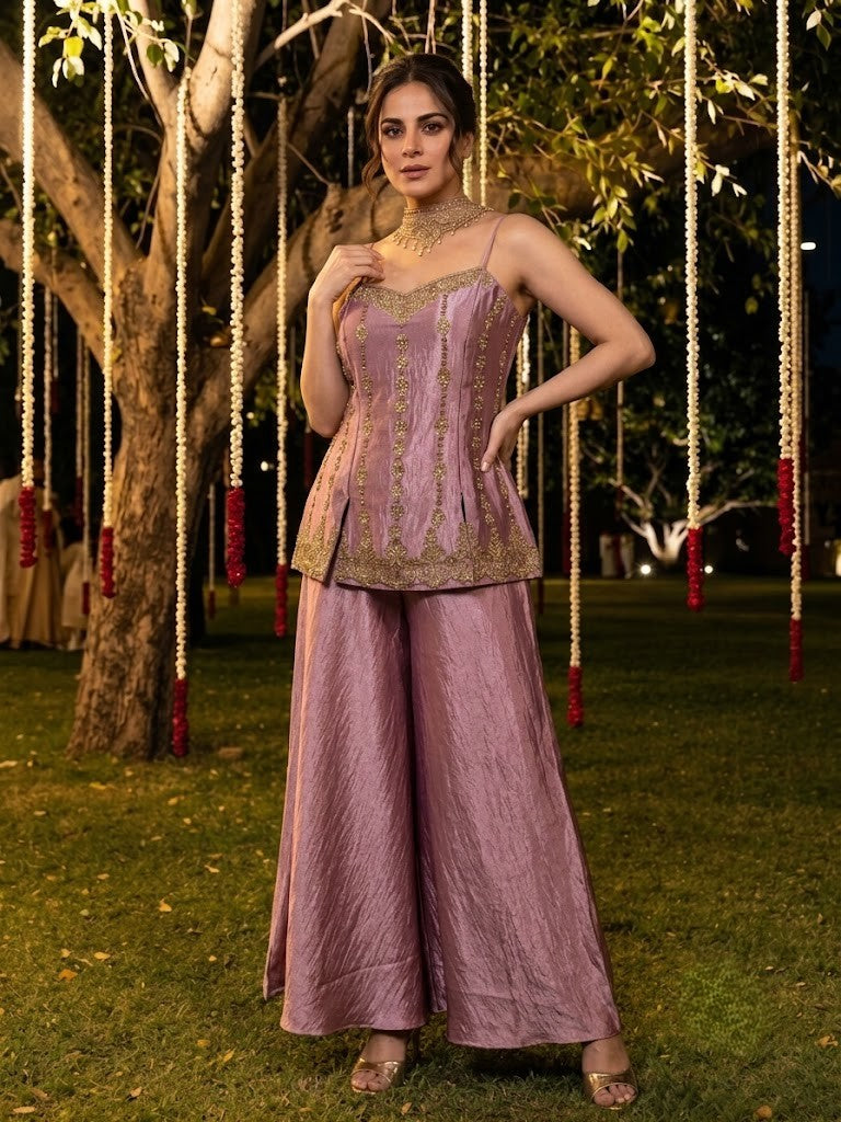 Rose Pink Embellished Shimmer Silk Palazzo Set