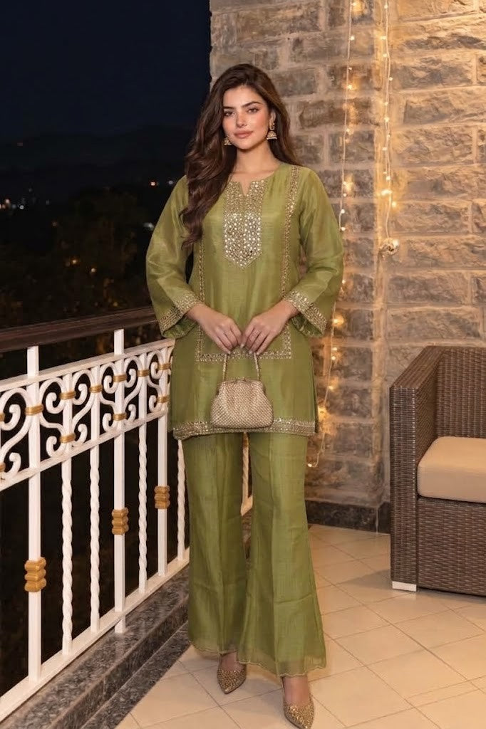 Metallic Moss Green Embellished Tissue Silk Palazzo Set