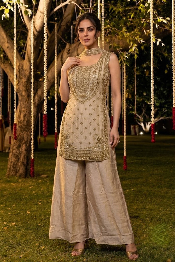 Champagne Gold Embellished Shimmer Silk Palazzo Set
