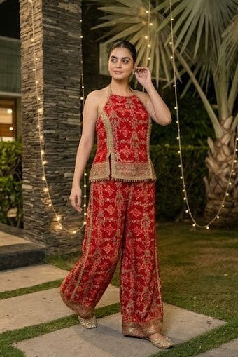 Crimson Red & Gold Embellished Georgette Silk Co-Ord Set