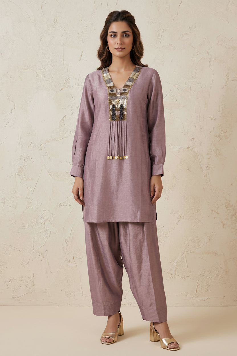 Lavender Embellished Crepe Silk Pant Set