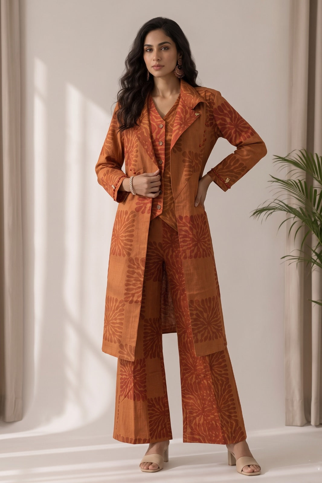 Muted Orange Printed Cotton Khadi Jacket Co-Ord Set