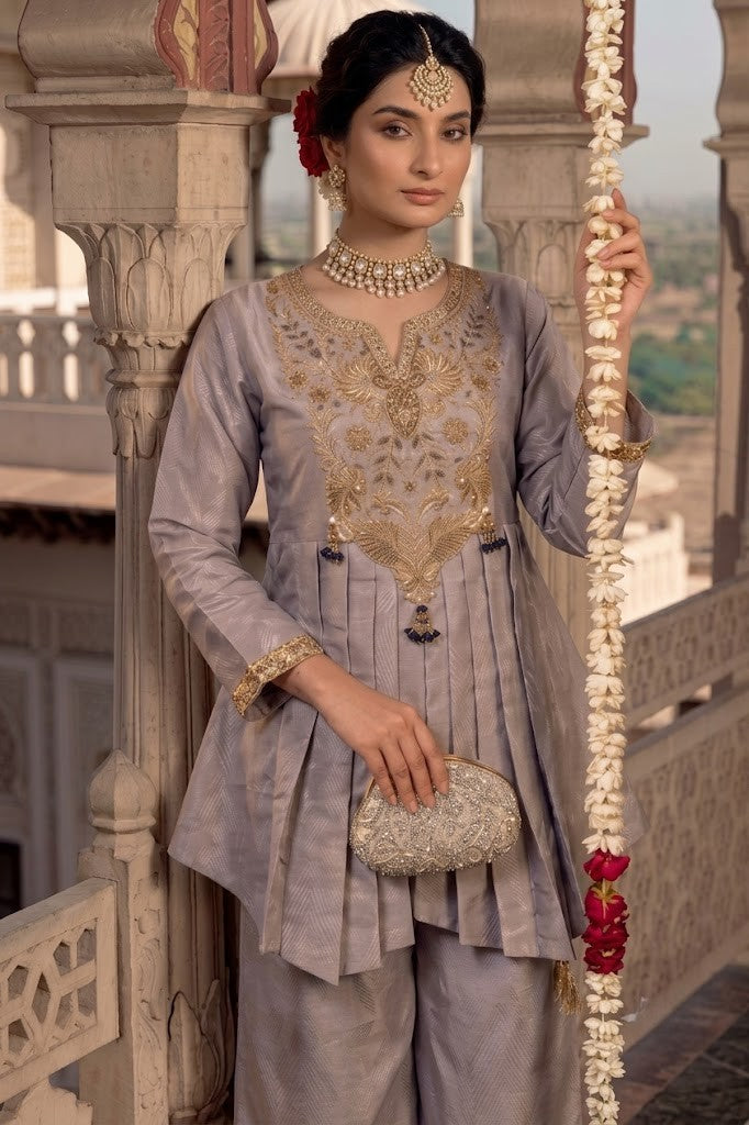 Baby Pink Embellished Brocade Silk Palazzo Set