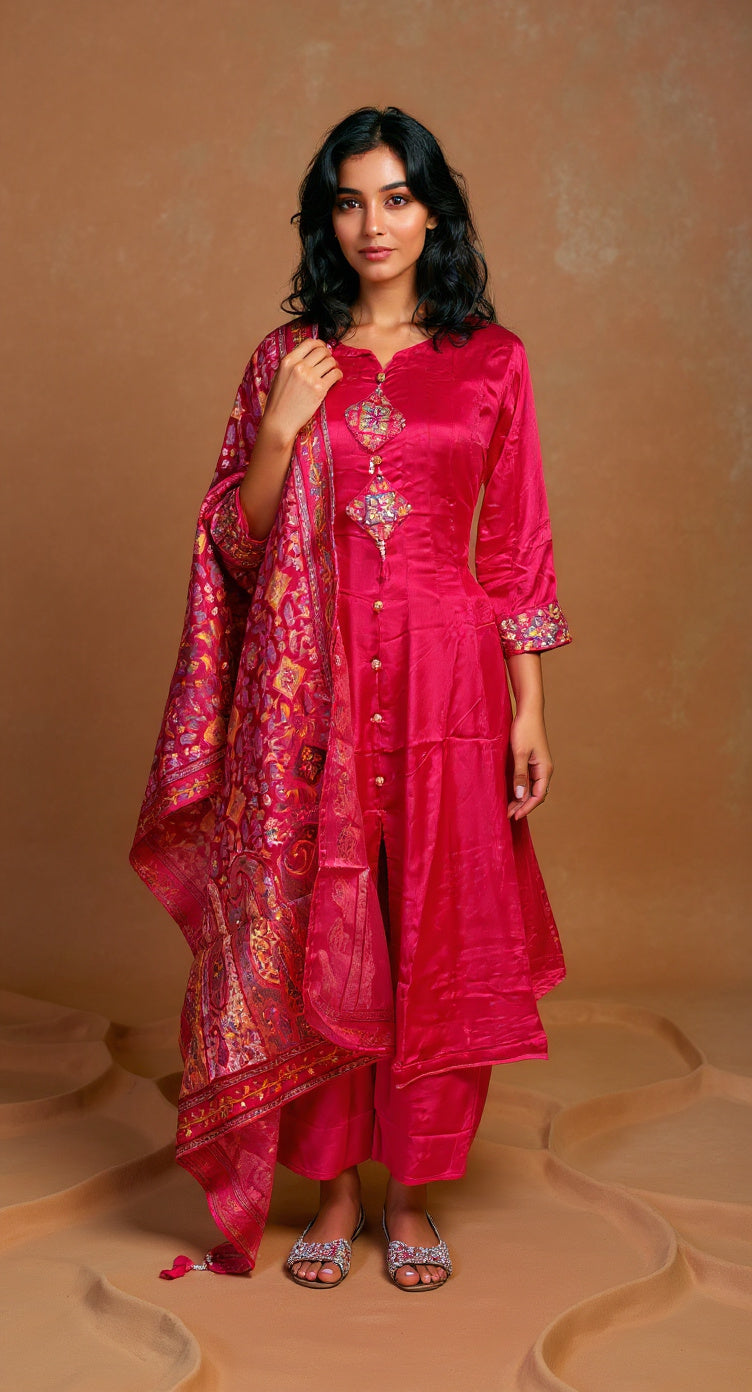 Rani Pink Embellished Premium Silk Anarkali Set