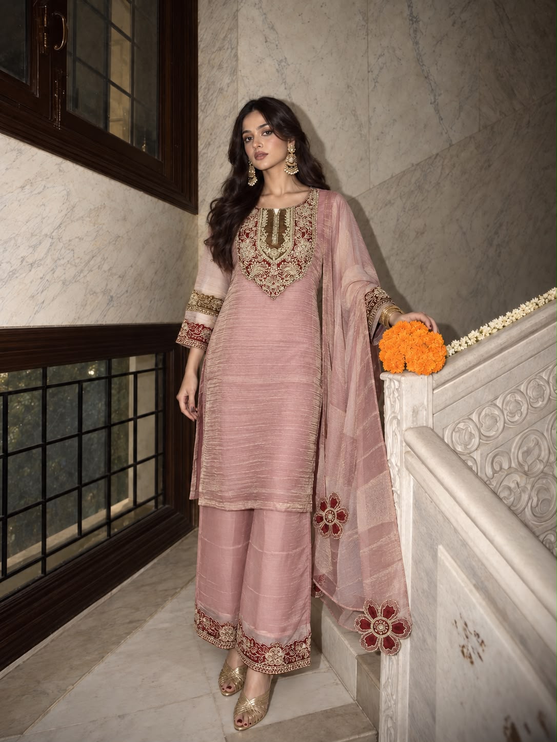 Dusty Mauve Pink Embellished Shimmer Tissue Pant Set