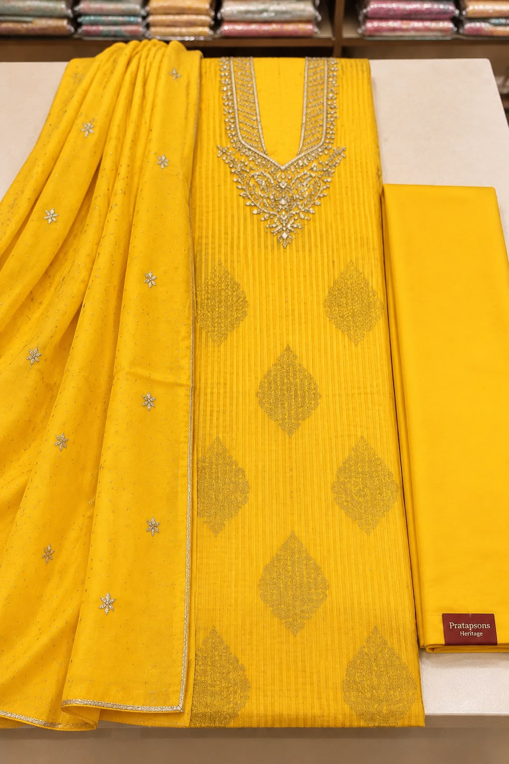 Vibrant Yellow Embellished Viscose Silk Unstitched Suit Set