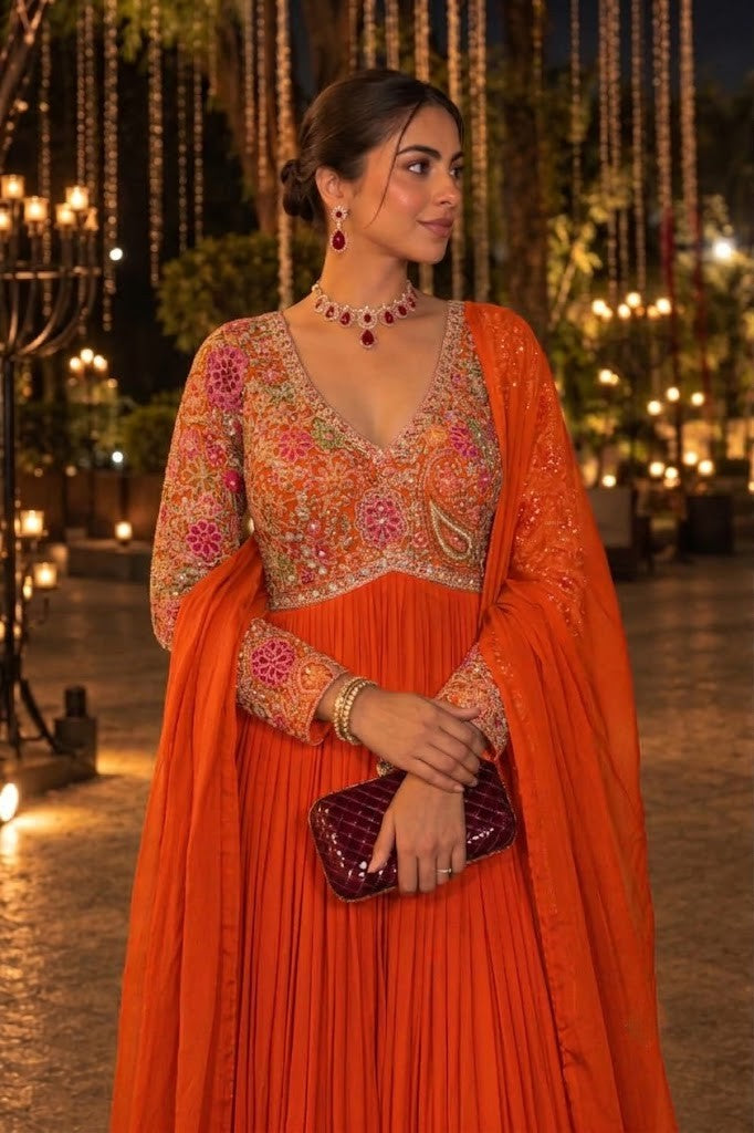 Vibrant Orange Embellished Georgette Silk Anarkali Set