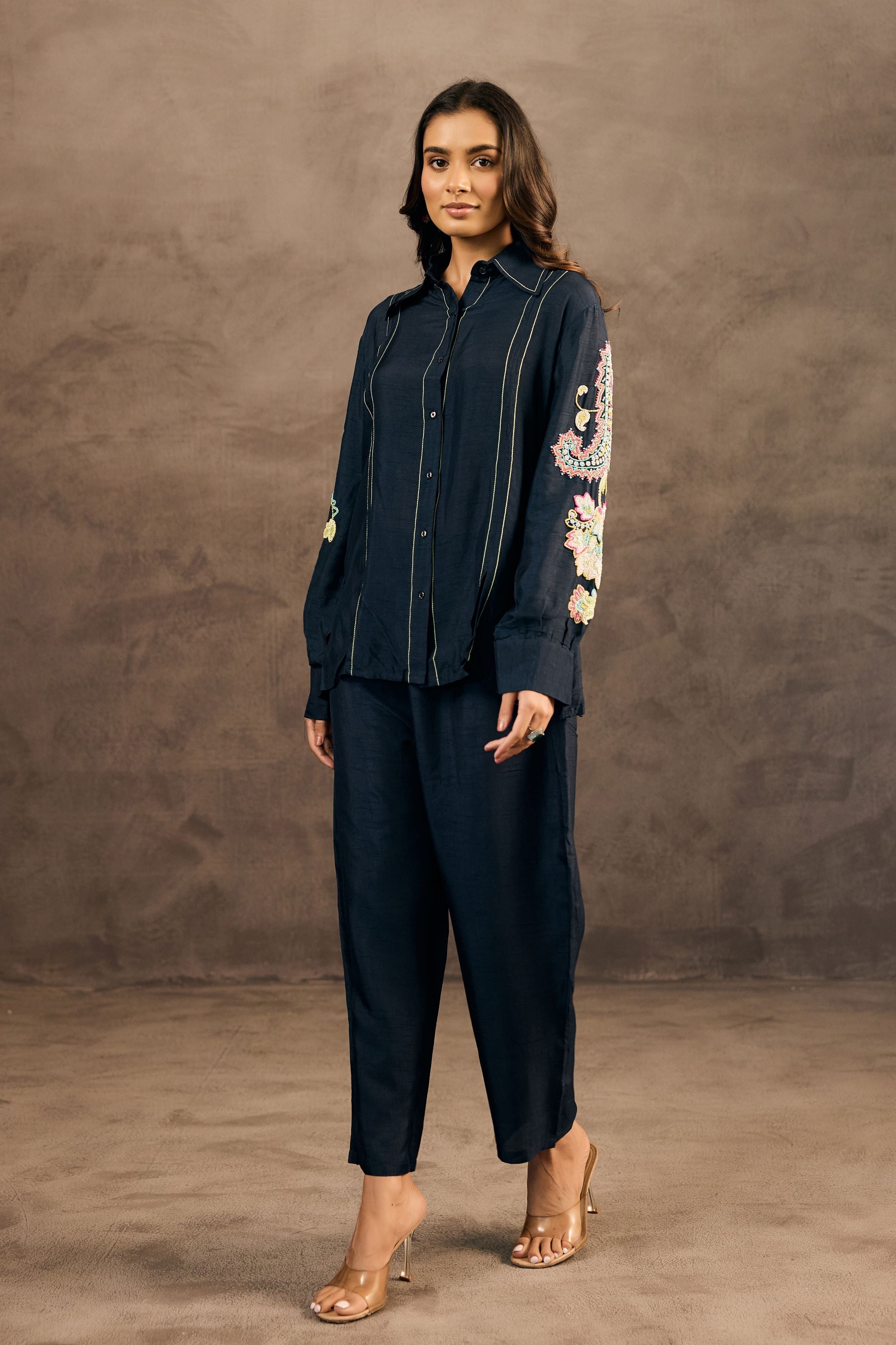 Midnight Blue Embroidered Raw Silk Co-Ord Set