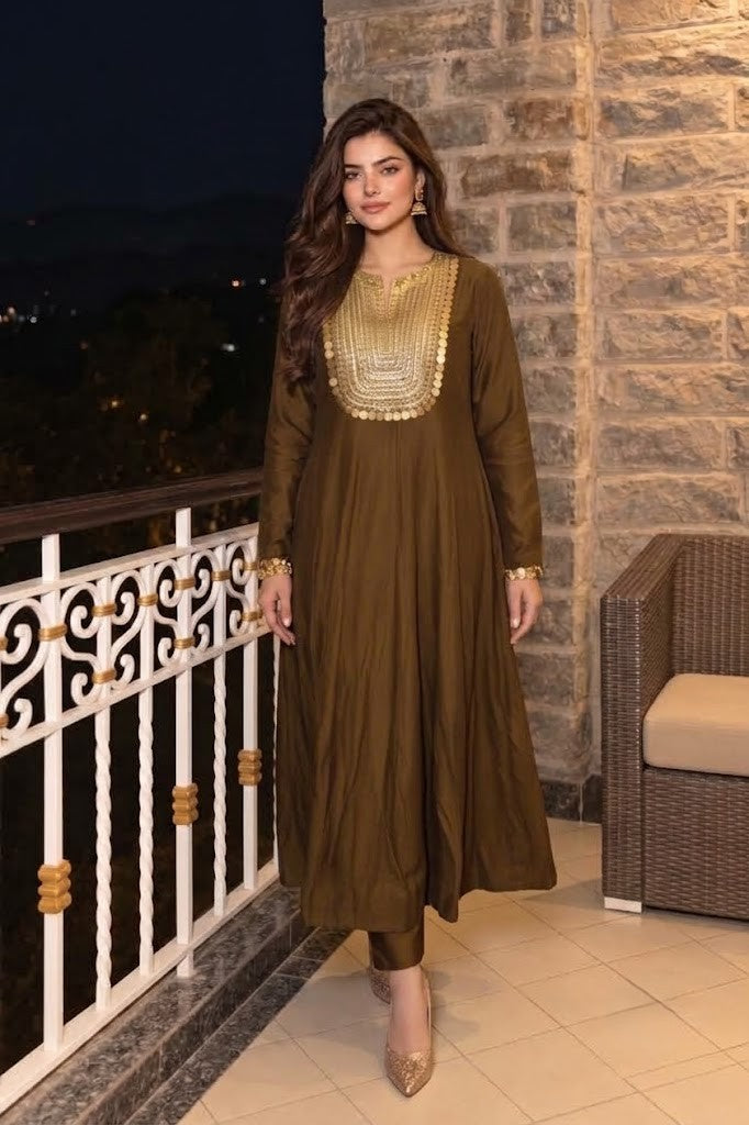 Espresso Brown Embellished Crepe Silk Anarkali Set